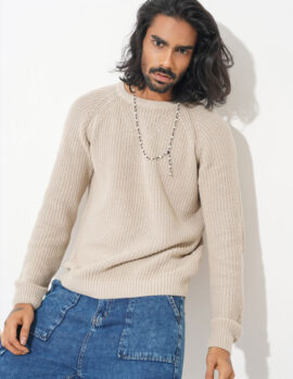 Textured Crew Neck Wool Blend Beige Sweater